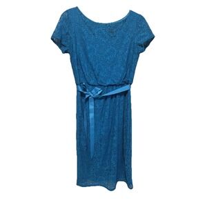 Adrianna Papell Blue Lace Sheath Dress Short Sleeve Belted Size 5.5 EU 36